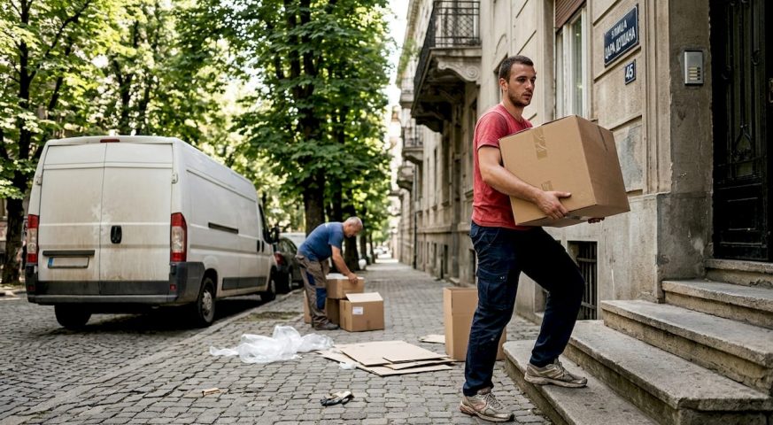 Radnik selidbe nosi kutiju pored kombija u blizini Beograda.