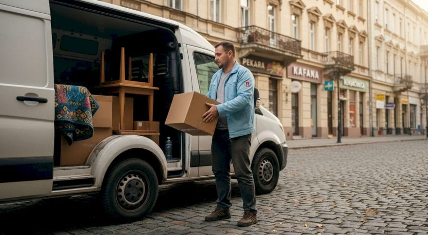 Radnik selidbene agencije utovaruje kombi tokom preseljenja po Beogradu.
