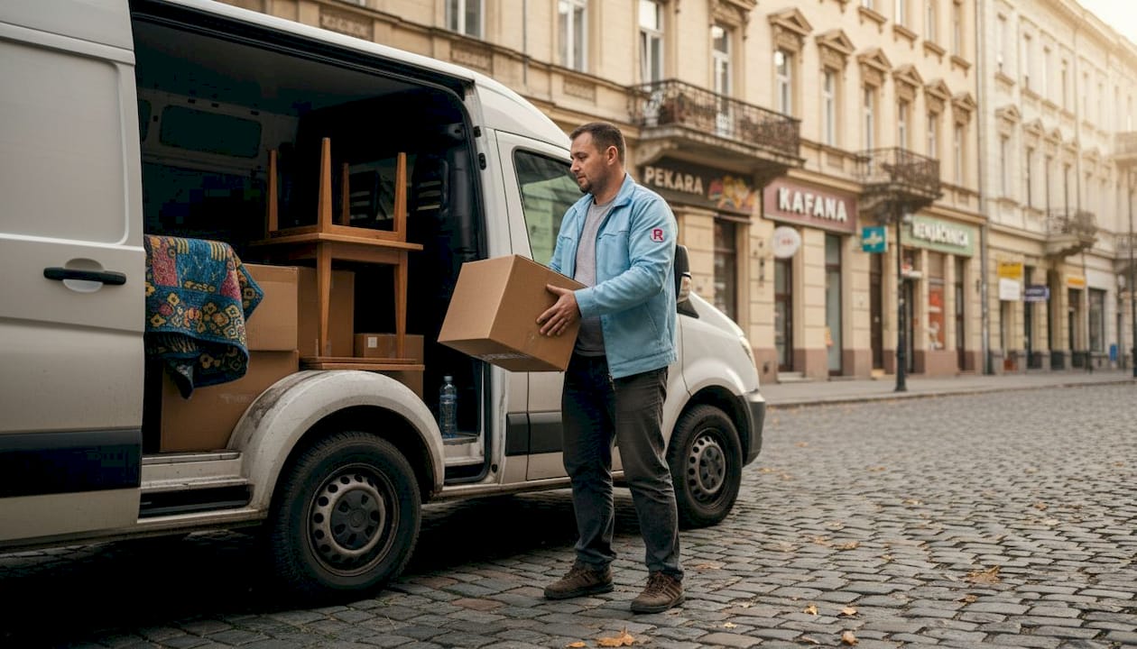 Radnik selidbene agencije utovaruje kombi tokom preseljenja po Beogradu.