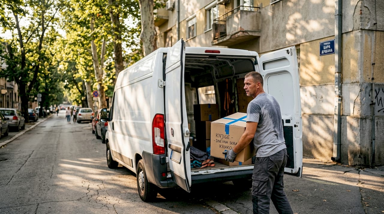 Radnik selidbe utovaruje kutije u kombi u Beogradu.