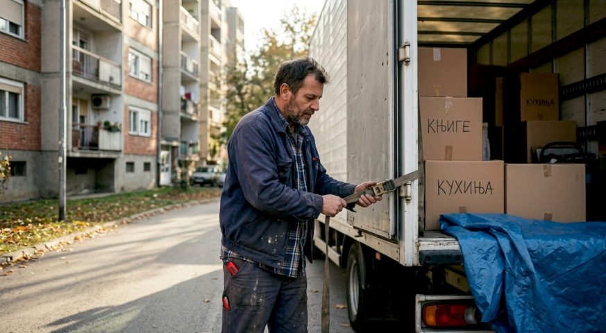 Vozač pažljivo učvršćuje teret pored kamiona koji je u pokretu.