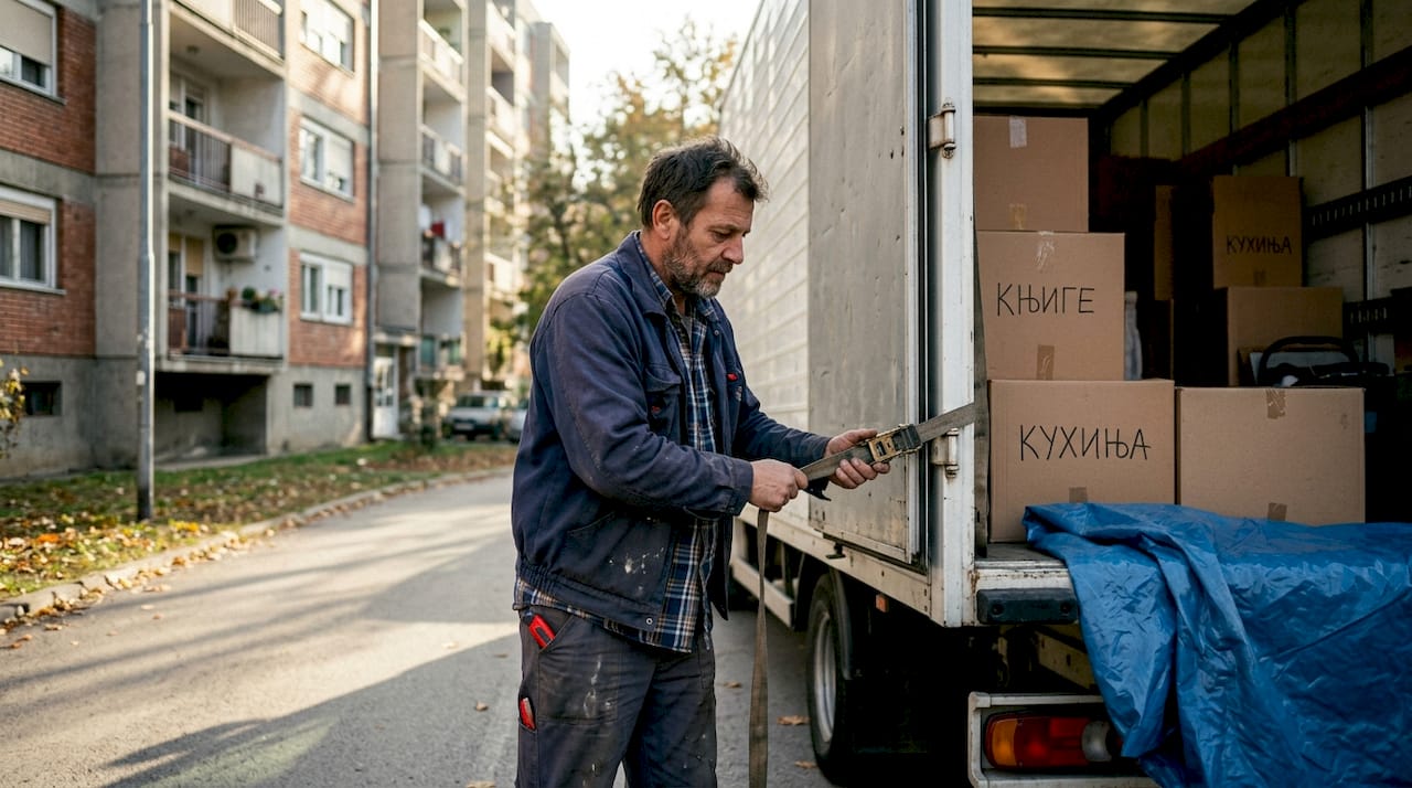 Vozač pažljivo učvršćuje teret pored kamiona koji je u pokretu.