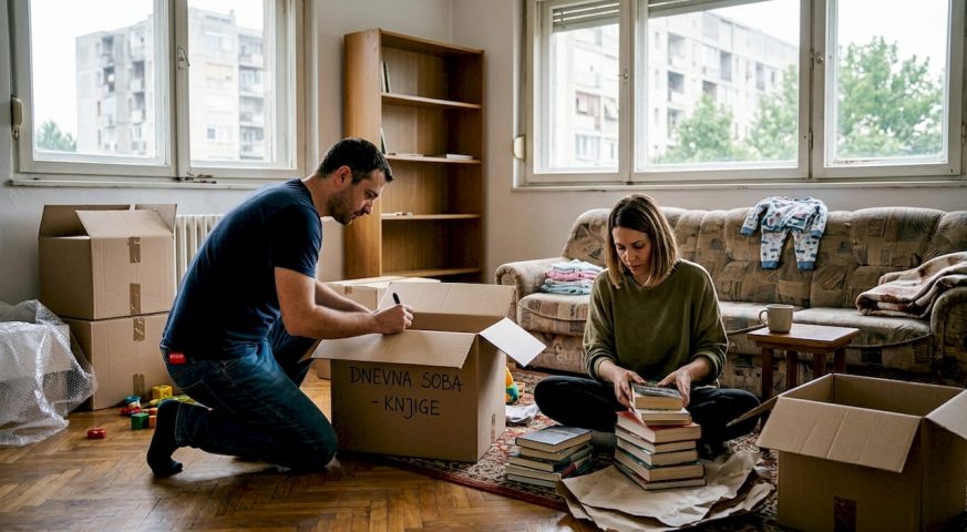 Porodično pakovanje i organizacija pred selidbu u dnevnoj sobi