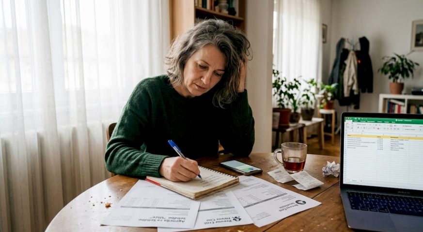 Žena sedi za kuhinjskim stolom i pravi plan troškova za selidbu.