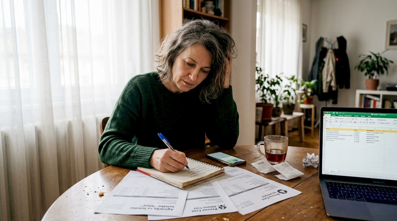 Žena sedi za kuhinjskim stolom i pravi plan troškova za selidbu.