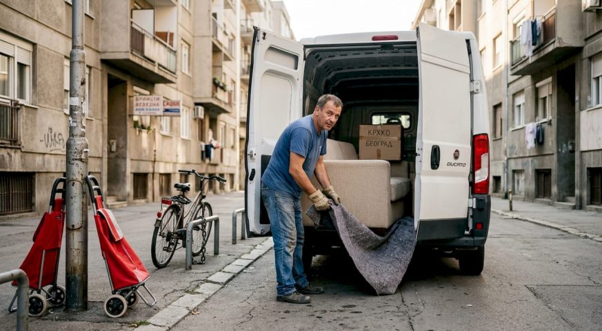 Radnik selidbe utovaruje stvari u kombi tokom preseljenja u Beogradu.