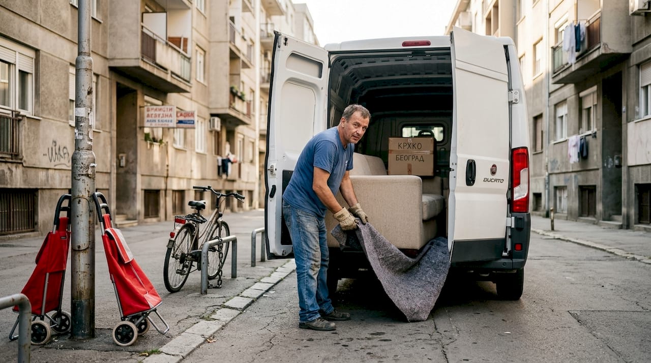 Radnik selidbe utovaruje stvari u kombi tokom preseljenja u Beogradu.