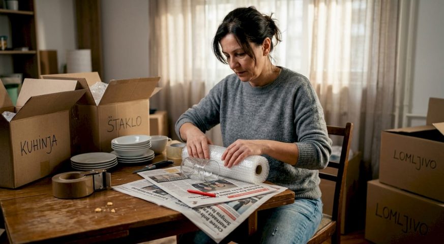 Žena pažljivo pakuje čaše za selidbu, sedeći za stolom.