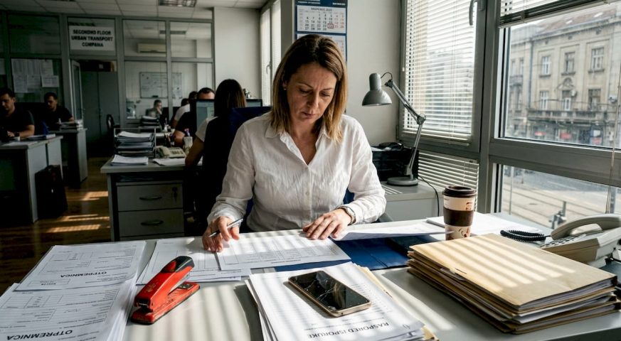 Menadžer logistike detaljno proverava prateću dokumentaciju za transport.