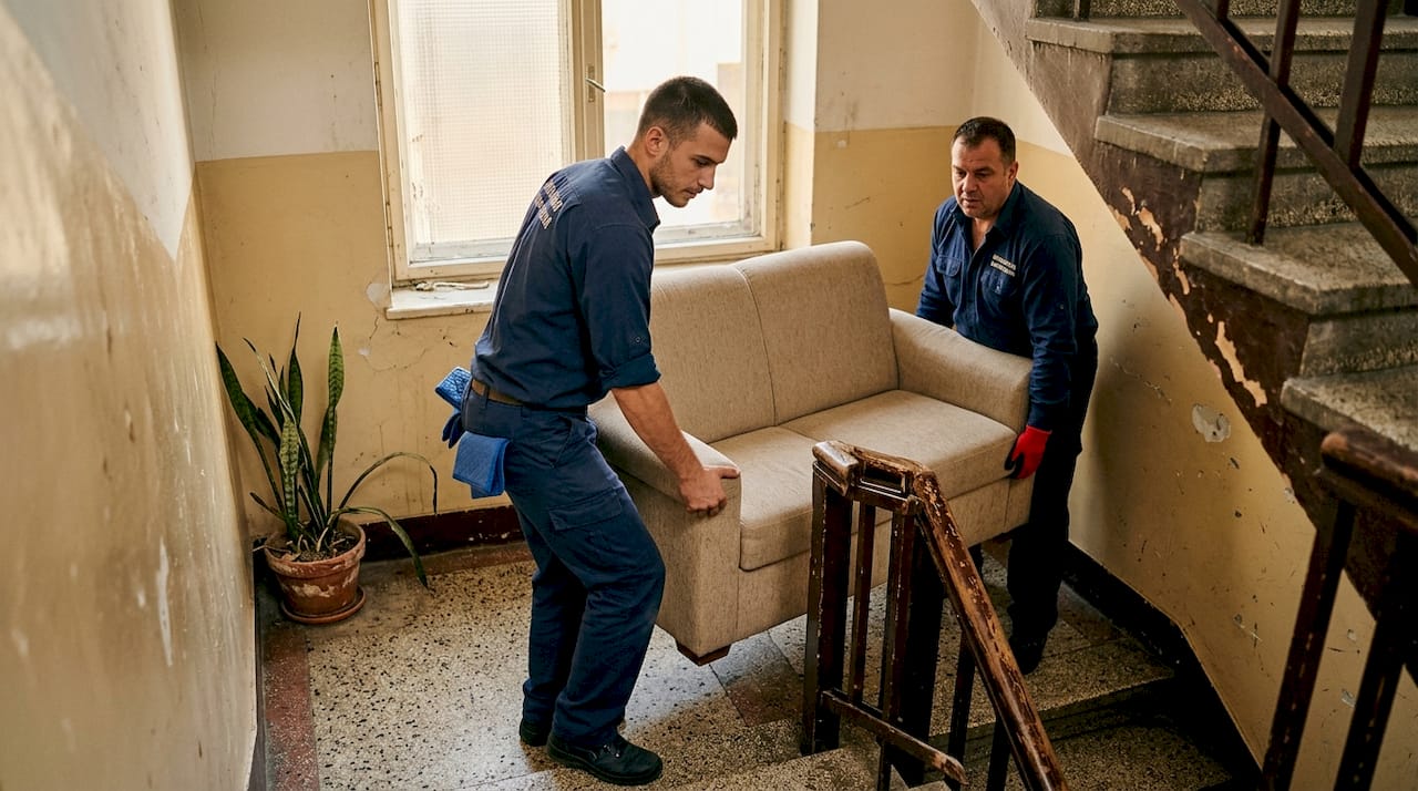 Radnici selidbe iznose trosed niz stepenice u stambenoj zgradi.